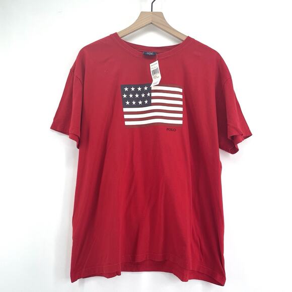 NWT VTG 90s Ralph Lauren Polo Sport T Shirt Men Large Flag Red Americana Crew - Picture 1 of 6